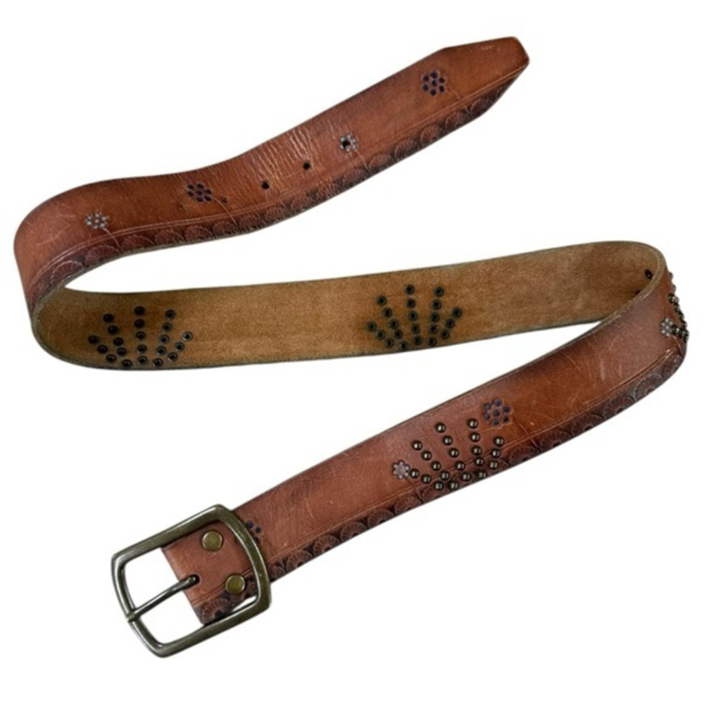 LUCKY BRAND Studded Floral Leather Belt Size Small 38” Brown Western Boho